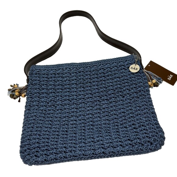 The Sak Blue Crochet Pleased Shoulder Bag NWT Medium Faux Leather Strap Boho - Picture 2 of 8